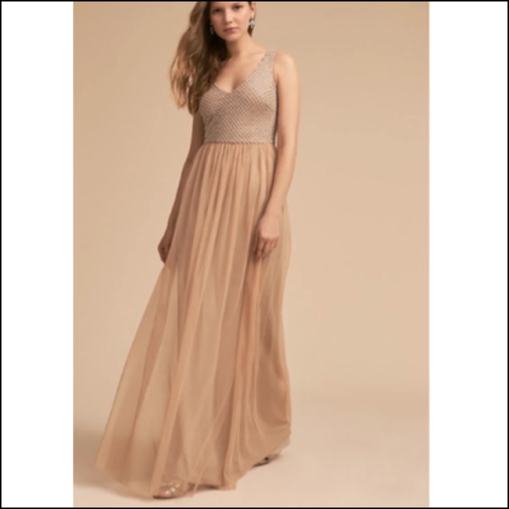 BHLDN x Adriana Papell Bryce Champagne Beaded Chiffon‎ Skirt Full Length Dress